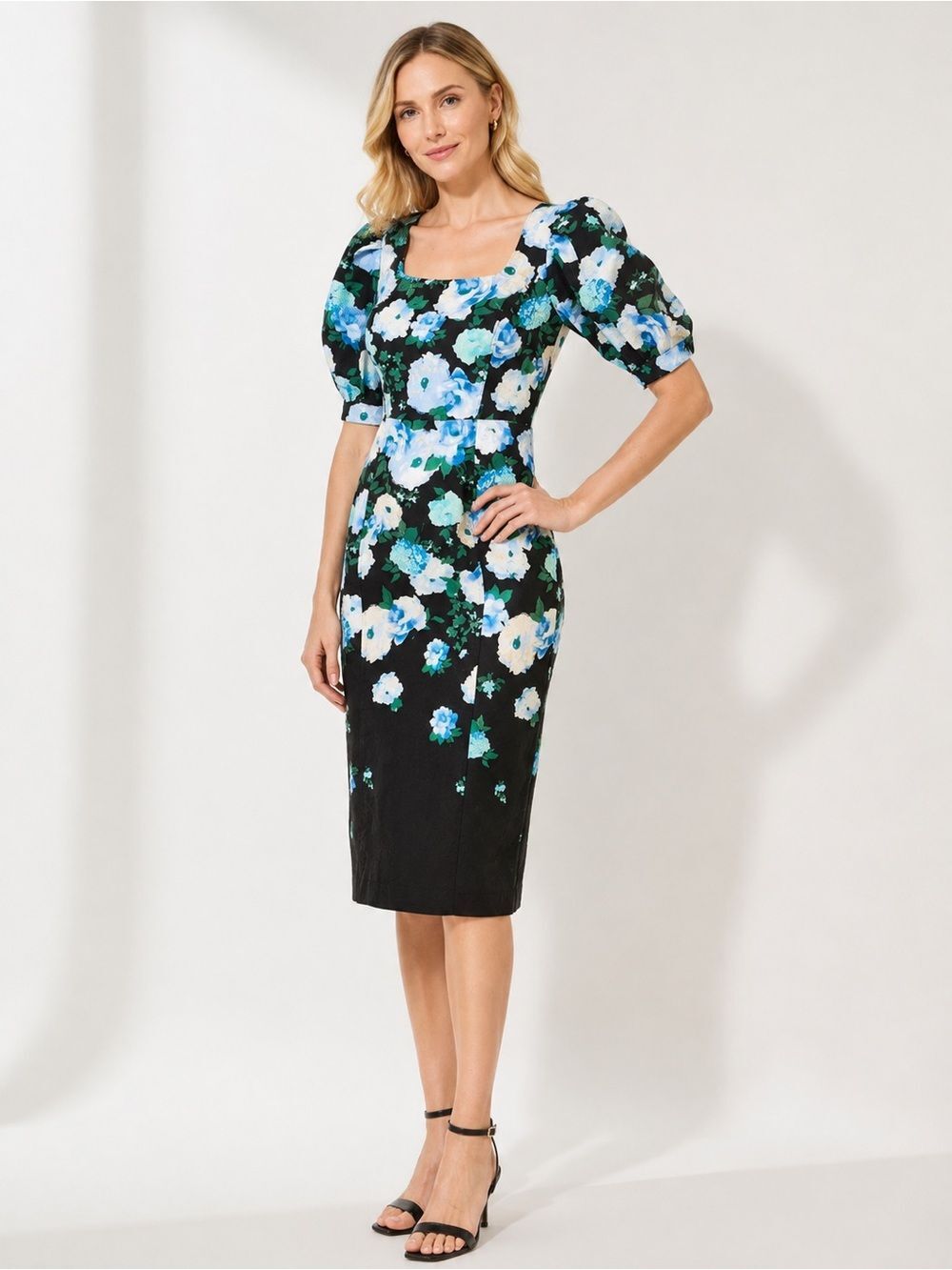 Maison Tara Floral Dress Puff Elbow Sleeve Square Neck Jacquard Sheath 6 NEW
